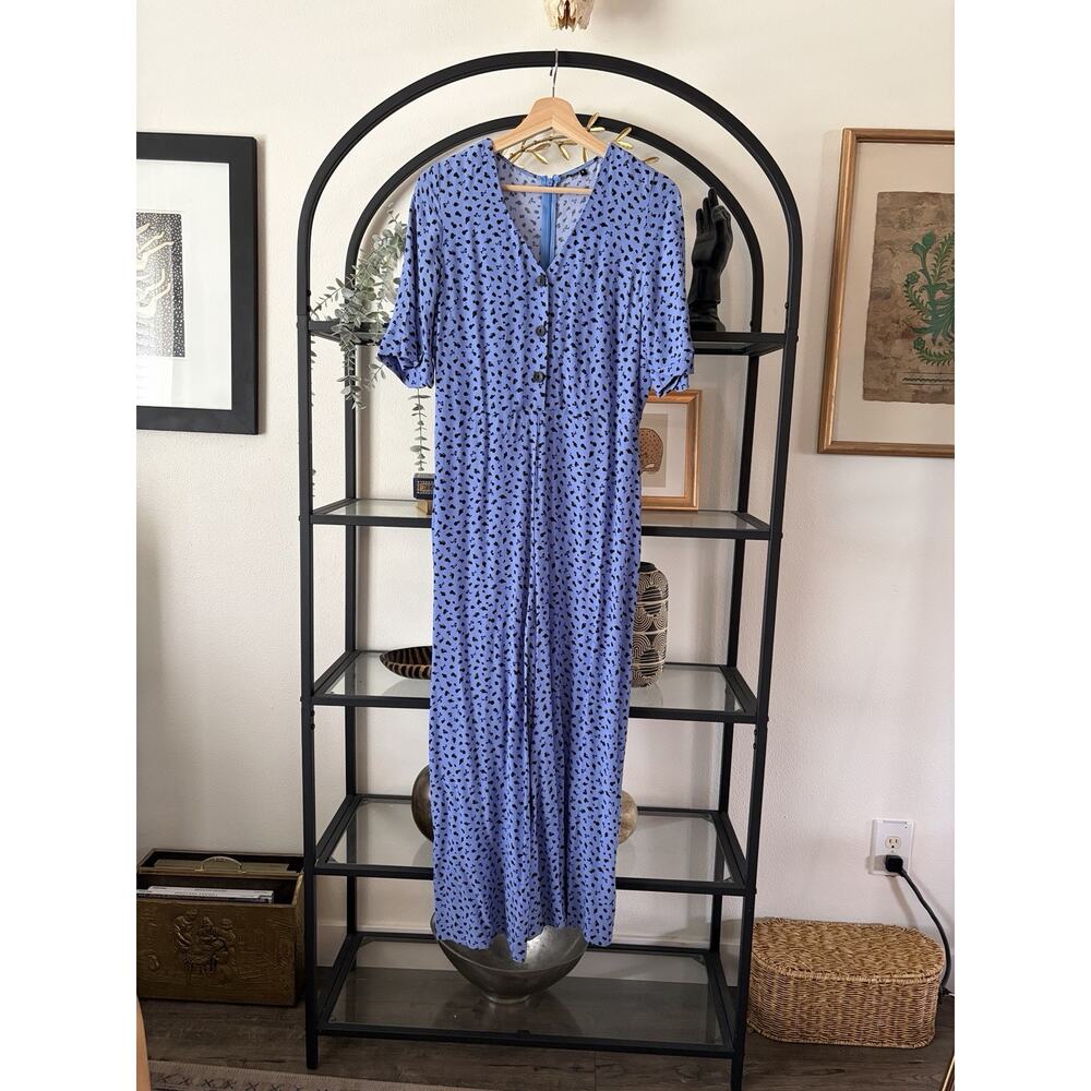 Womens Blue Floral Wide Leg Jumpsuit Size 8 Button Front Short Sleeve